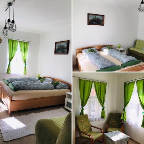 two pictures of a bedroom with two beds at Zulejka Vendégház in Mátraszele