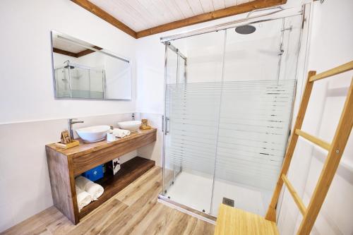 uma casa de banho com uma cabina de duche em vidro e um lavatório. em Finca Ecológica Ferrera. Alojamiento Rural. em Arafo
