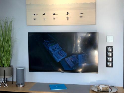 TV a/nebo společenská místnost v ubytování Hausboot-LaFe Flensburger Förde