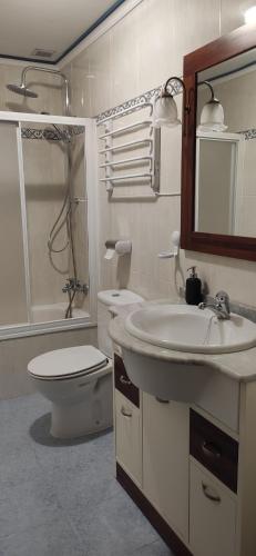 uma casa de banho com um lavatório, um WC e um espelho. em Casa Rural Julia em Lumbrales