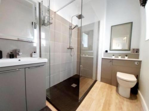 a bathroom with a shower and a toilet and a sink at Crescent Bank in Buxton