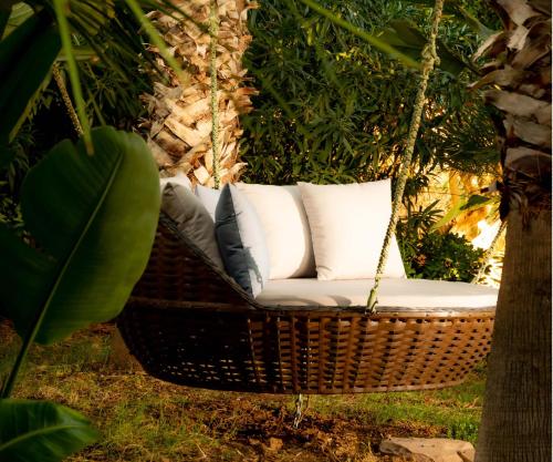 a wicker swing chair hanging from a tree at ALTO Beyond in Xagħra