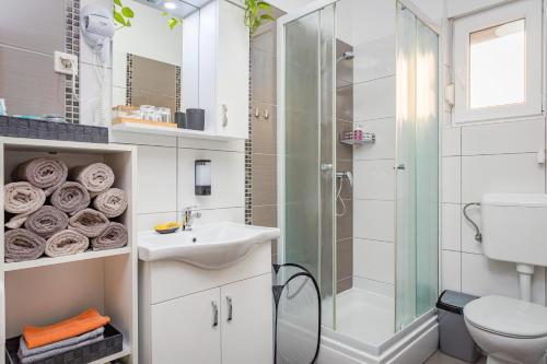 La salle de bains est pourvue d'une douche, d'un lavabo et de toilettes. dans l'établissement Studio Vita Julija, à Pula