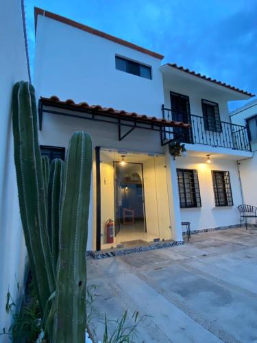 a house with a cactus in front of it at Hostal San Bernabé in Guanajuato