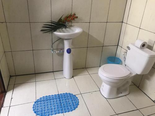 łazienka z toaletą i umywalką w obiekcie Hotel Green Mountain Cahuita w mieście Cahuita