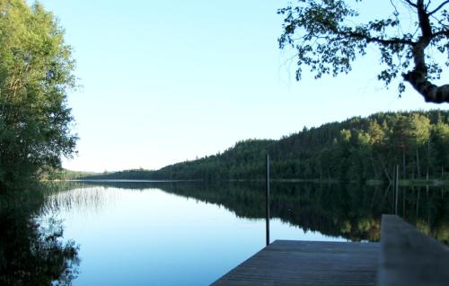 a view of a lake with a wooden dock at Schwedentraum Varpstugan in Kisa