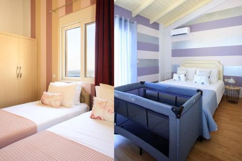 two pictures of a bedroom with two beds at Villa Diktynna - Embrace the endless blue in Heraklio