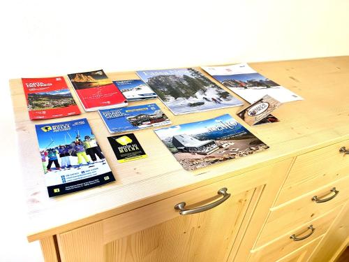 a table with a bunch of brochures on it at EMARGHE, CASA A MOENA in Moena