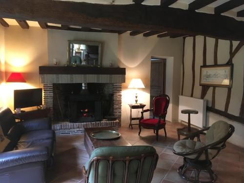 a living room with a couch and a fireplace at La Ferme de Montboulan in Salbris