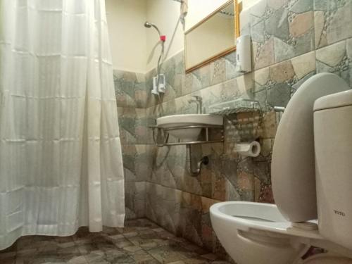a bathroom with a toilet and a sink and a shower at Tangkoko Ranger Homestay in Bitung
