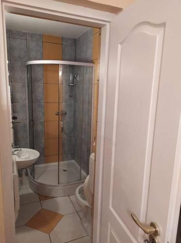a bathroom with a shower and a toilet and a sink at Vencsellői Wellness Vendégház in Gávavencsellő