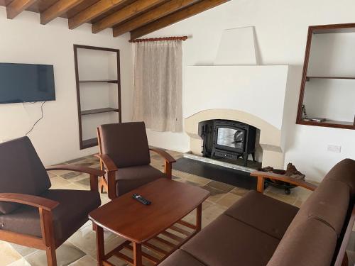 a living room with a couch and a fireplace at Omodos Katoi Holiday Homes in Omodos