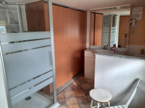 una pequeña cocina con ducha de cristal y taburete en Gîte du Soleil, en Anhée