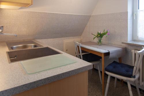 a kitchen with a sink and a counter with a table at Ferienwohnung Grashof in Rettin