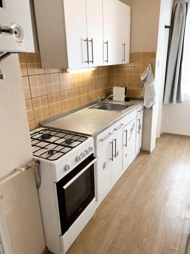 a kitchen with a white stove and a sink at Mandala Apartman in Makó