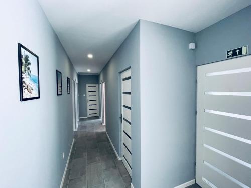 a walk in closet with blue walls and white doors at Thermal Family in Makó