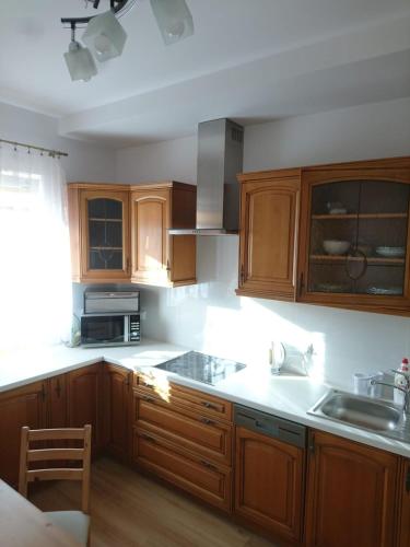 a kitchen with wooden cabinets and a sink at OCTAVIAN SUITE in Warsaw