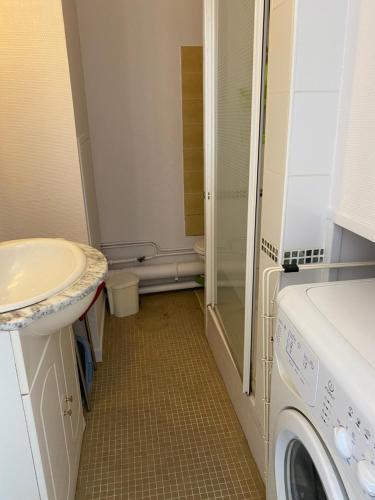 une salle de bain avec une machine à laver et un lavabo dans l'établissement Logis B21, à Rochefort