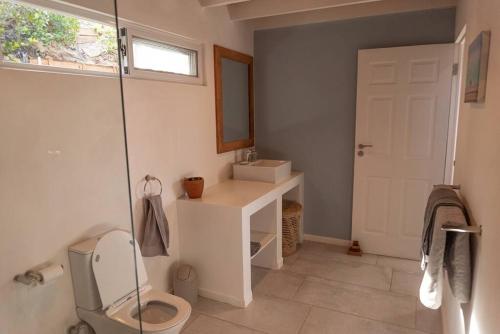 La salle de bains est pourvue de toilettes, d'un lavabo et d'un miroir. dans l'établissement Coral Tree Surf Cottage - Tofinho, Tofo, à Praia do Tofo