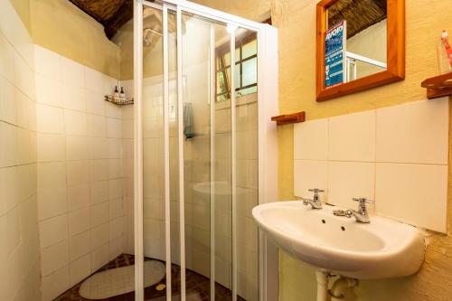 a bathroom with a sink and a shower at Fish Eagle Manor in East London