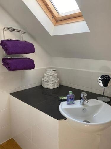 a bathroom with a sink and purple towels at Orchard Cottage in Tiverton