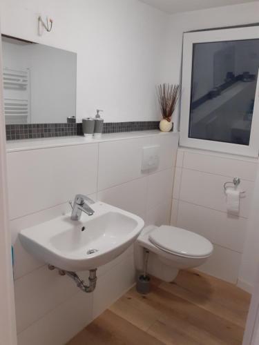 a white bathroom with a sink and a toilet at Monteurswohnungen in Biedenkopf in Biedenkopf