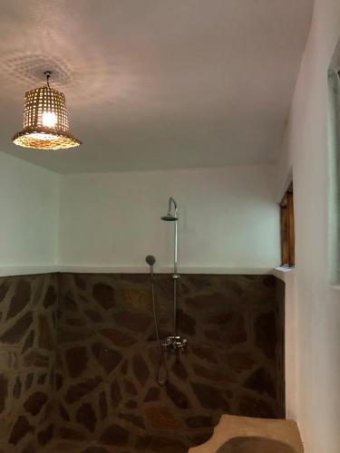 a bathroom with a shower with a stone wall at Nshongi Camp in Rubuguli
