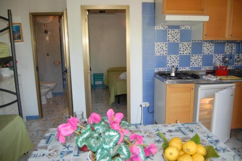 a kitchen with a table with fruit on it at Villaggio Residence Nettuno in Massa Lubrense