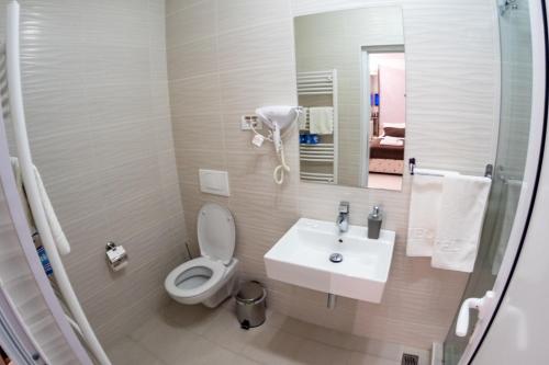 a bathroom with a toilet and a sink and a mirror at Princ Apartment in Niš