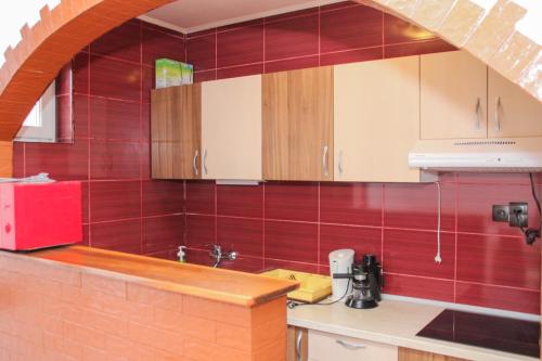 a kitchen with red tiles on the wall at Apartamente Gergely Apartmanok in Praid