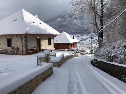 dom pokryty śniegiem z pokrytą śniegiem drogą w obiekcie JOEN Village w mieście Librazhd