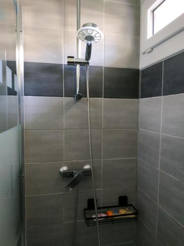 une douche avec pommeau de douche dans une salle de bain dans l'établissement Charmant appartement à 350m de la plage et du port, à Fréjus