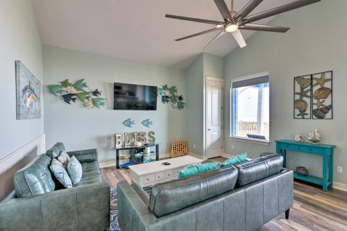 a living room with two couches and a ceiling fan at Private Beach and Oceanfront Balcony Freeport Home in Freeport