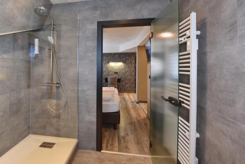 ein Bad mit einer Dusche und einem WC in der Unterkunft Hôtel du Lac in Bütgenbach