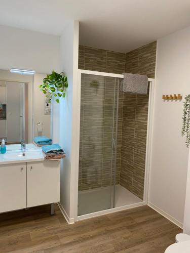 une salle de bain avec douche et lavabo dans l'établissement Au cœur de Lacanau Océan Appartement neuf avec parking, à Lacanau-Océan