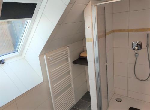 a small bathroom with a shower and a sink at Pfefferstübchen Ferienwohnung Schanzenblick in Brotterode