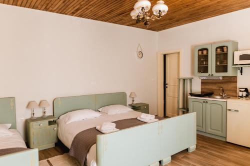 a bedroom with a large bed and a kitchen at Vila Ana in Štanjel