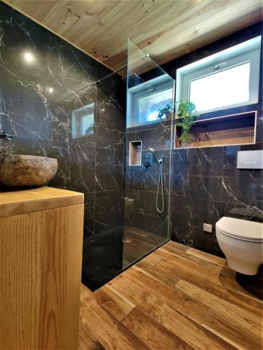 une salle de bain avec une douche en verre et des toilettes dans l'établissement Estiva Resort, à Lapeyrugue