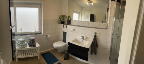 a bathroom with a sink and a toilet at Ferientraum Borgwedel **** in Borgwedel
