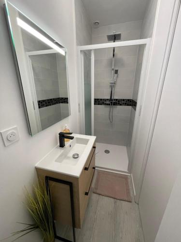 une salle de bain avec un lavabo blanc et une douche dans l'établissement Le Bohème - Centre Ville, Netflix et WIFI, parking, idéal familles, couples et voyages d'affaire, à Niort