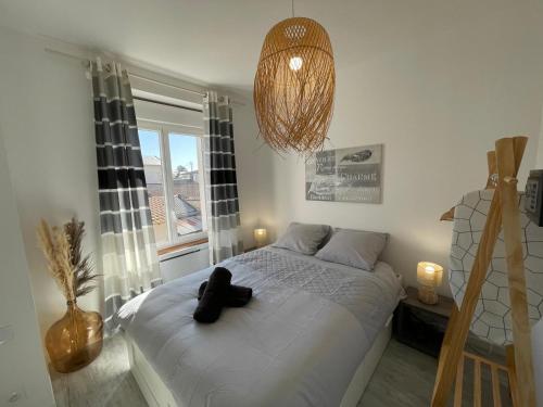 a bedroom with a black cat laying on a bed at Le Bohème - Centre Ville, Netflix et WIFI, parking, idéal familles, couples et voyages d'affaire in Niort