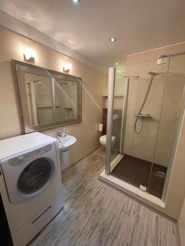 a bathroom with a shower and a washing machine at Baltic Park Apartament in Świnoujście