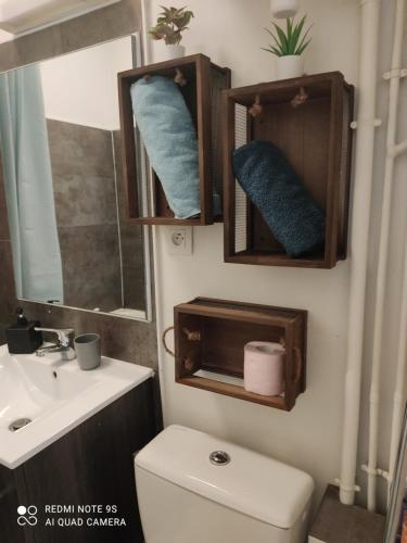 a bathroom with a toilet and a sink and mirrors at Apt lumineux in Gonesse