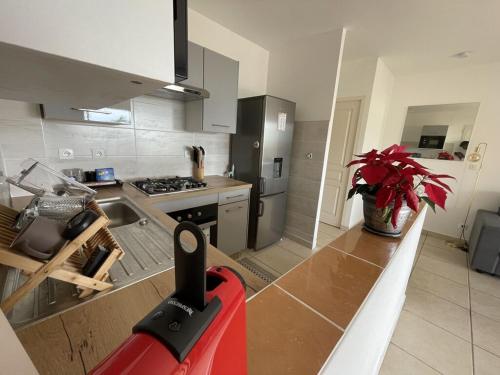 a kitchen with a red appliance on a counter at La Villa Des Pêcheurs in Filaos