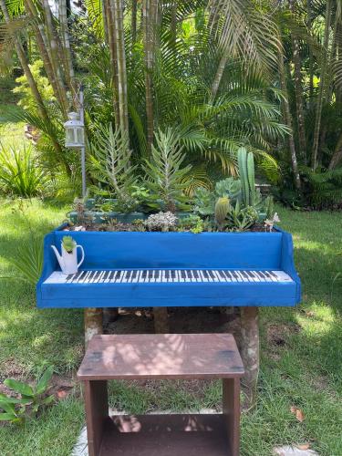 a blue bench with a potted plant on it at Pousada Horizonte Azul in Ilha de Boipeba
