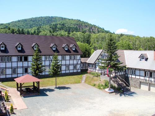 占冠村にあるプチホテル　グレーシィトマムの山を背景にした建物の空中