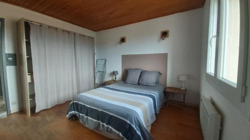 a bedroom with a bed with blue pillows at les vignes Ardéchoises - Amandier in Sarras
