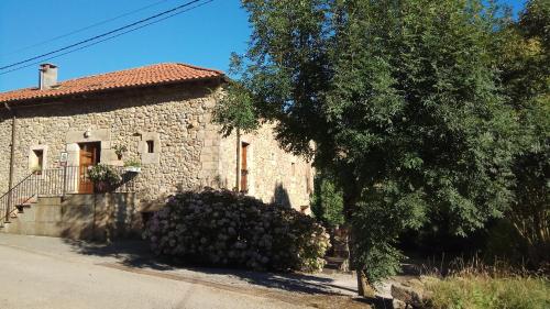 a stone house with a tree in front of it at Las Navedas in Santibáñez de Villacarriedo