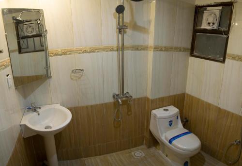 a small bathroom with a toilet and a sink at Hotel Sehwan Divine in Sehwān