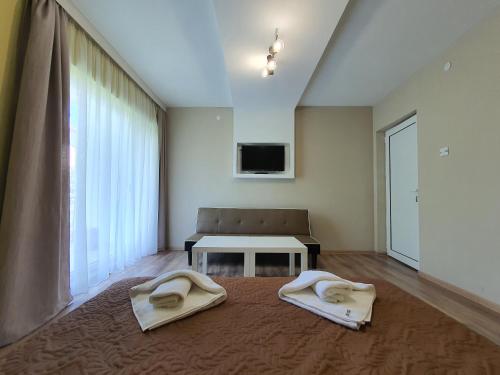 a living room with two white pillows on the floor at Дамяновата къща in Sapareva Banya